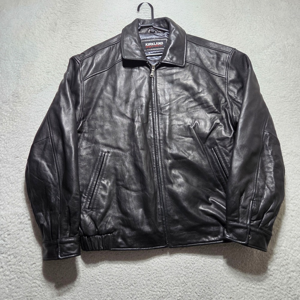 Kirkland Leather Jacket Mens Large Black Full Zip Bomber Classic Casual Coat